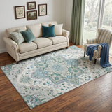 5' X 8' Silver Blue And Ivory Oriental Washable Area Rug With UV Protection