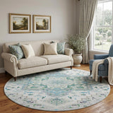8' Silver Blue And Ivory Oriental Washable Round Rug With UV Protection