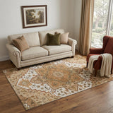 5' X 8' Terra Cotta Ivory And Beige Oriental Washable Area Rug With UV Protection
