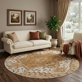 8' Terra Cotta Ivory And Beige Oriental Washable Round Rug With UV Protection