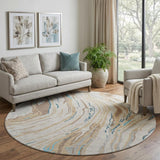 8' Beige Teal And Brown Abstract Washable Round Rug With UV Protection