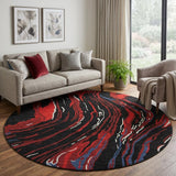 8' Black Red And Blue Abstract Washable Round Rug With UV Protection