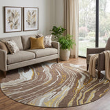 8' Brown Ivory And Taupe Abstract Washable Round Rug With UV Protection