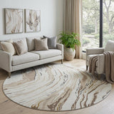 8' Ivory Taupe And Gray Abstract Washable Round Rug With UV Protection