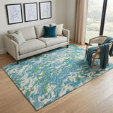 5' X 8' Teal Green And Ivory Abstract Washable Area Rug With UV Protection