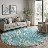 8' Teal Green And Ivory Abstract Washable Round Rug With UV Protection