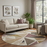 8' Beige Brown And Mauve Geometric Washable Round Rug With UV Protection