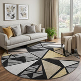8' Black Beige And Ivory Geometric Washable Round Rug With UV Protection