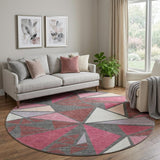 8' Burgundy Pink And Ivory Geometric Washable Round Rug With UV Protection