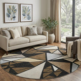 8' Brown Black And Ivory Geometric Washable Round Rug With UV Protection