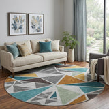 8' Gray Teal And Copper Geometric Washable Round Rug With UV Protection