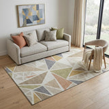 5' X 8' Ivory Gold And Green Geometric Washable Area Rug With UV Protection