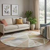8' Ivory Gold And Green Geometric Washable Round Rug With UV Protection