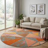 8' Rust Orange And Salmon Geometric Washable Round Rug With UV Protection