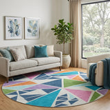 8' White Teal Pink And Orange Geometric Washable Round Rug With UV Protection