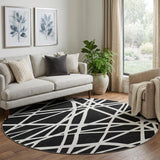 8' Black And Ivory Geometric Washable Round Rug With UV Protection