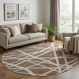 8' Brown And Ivory Geometric Washable Round Rug With UV Protection