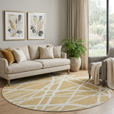 8' Gold And Ivory Geometric Washable Round Rug With UV Protection