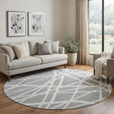 8' Gray And Ivory Geometric Washable Round Rug With UV Protection