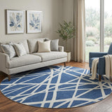 8' Navy Blue And Ivory Geometric Washable Round Rug With UV Protection