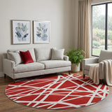 8' Red And Ivory Geometric Washable Round Rug With UV Protection
