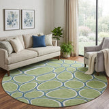 8' Artichoke Green Ivory And Blue Geometric Washable Round Rug With UV Protection