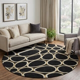 8' Black Ivory And Gold Geometric Washable Round Rug With UV Protection