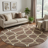 8' Brown Ivory And Gold Geometric Washable Round Rug With UV Protection