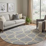 8' Gray Ivory And Gold Geometric Washable Round Rug With UV Protection