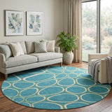 8' Teal Ivory And Green Geometric Washable Round Rug With UV Protection