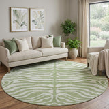 8' Artichoke Green And Ivory Animal Print Washable Round Rug With UV Protection