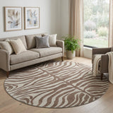 8' Brown And Beige Animal Print Washable Round Rug With UV Protection