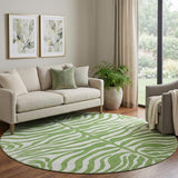 8' Green And Ivory Animal Print Washable Round Rug With UV Protection