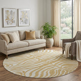 8' Gold And Ivory Animal Print Washable Round Rug With UV Protection