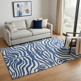 5' X 8' Navy Blue And Ivory Animal Print Washable Area Rug With UV Protection