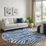 8' Navy Blue And Ivory Animal Print Washable Round Rug With UV Protection