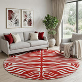 8' Red And Ivory Animal Print Washable Round Rug With UV Protection