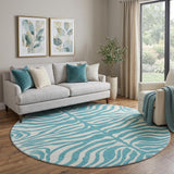8' Teal And Ivory Animal Print Washable Round Rug With UV Protection