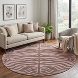 8' Brown And Pink Animal Print Washable Round Rug With UV Protection