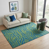 5' X 8' Green And Navy Blue Animal Print Washable Area Rug With UV Protection