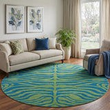 8' Green And Navy Blue Animal Print Washable Round Rug With UV Protection