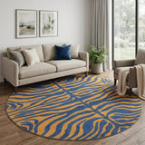 8' Navy Blue And Orange Animal Print Washable Round Rug With UV Protection