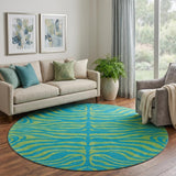 8' Teal And Lime Green Animal Print Washable Round Rug With UV Protection