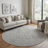 8' Charcoal And Ivory Geometric Washable Round Rug With UV Protection