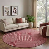 8' Burgundy And Ivory Geometric Washable Round Rug With UV Protection