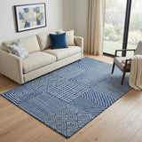 5' X 8' Navy Blue And Ivory Geometric Washable Area Rug With UV Protection