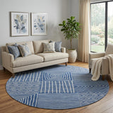 8' Navy Blue And Ivory Geometric Washable Round Rug With UV Protection