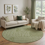8' Olive Green And Ivory Geometric Washable Round Rug With UV Protection