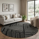 8' Black And Ivory Geometric Washable Round Rug With UV Protection