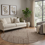8' Brown And Beige Geometric Washable Round Rug With UV Protection